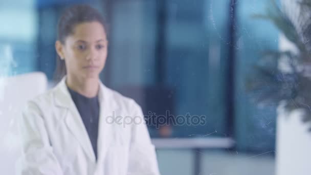 Female Scientist White Coat Using Interactive Touch Screen Modern Lab — Stock Video