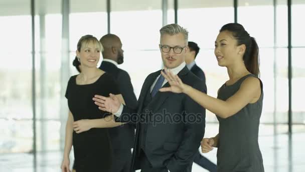 Fröhliche Unternehmensgruppe Plaudert Während Sie Durch Geschäftiges Modernes Büro Geht — Stockvideo