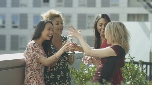 Beautiful Women Friends Drinking Socializing City Rooftop — стоковое видео