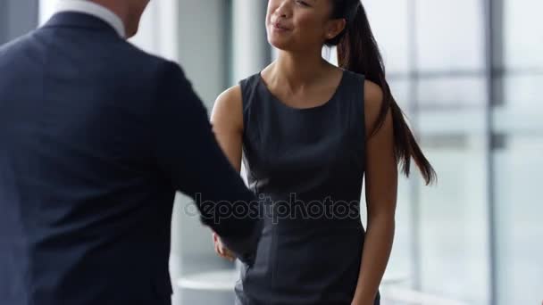 Portrait Smiling Businesswoman Shaking Hands Clients End Meeting — Stock Video