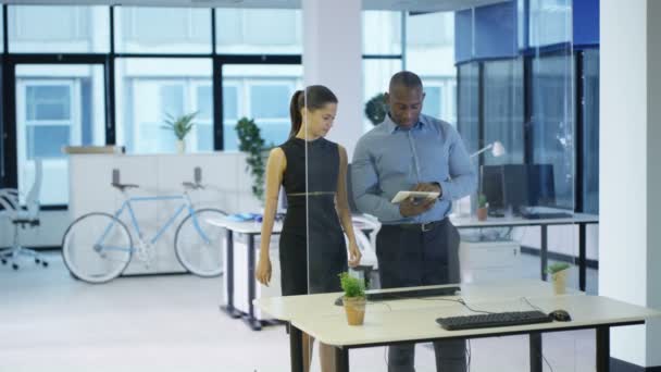 Business People Modern Corporate Office Using Interactive Touch Screen — Stock Video