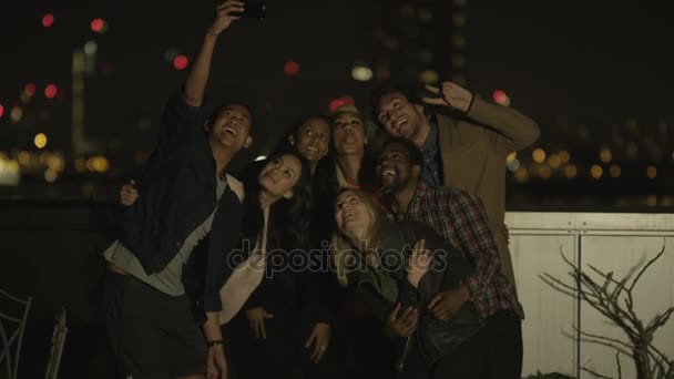 Happy Mixed Ethnicity Friends Posing Selfie City Rooftop Night — Stock Video