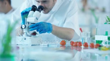 4 k gıda bilim araştırmacılar kimyasallar meyve enjekte adam laboratuarda, çalışan