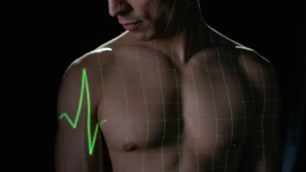 Illuminated Heart Pulse Projected Chest Naked Male Model — Stock Video