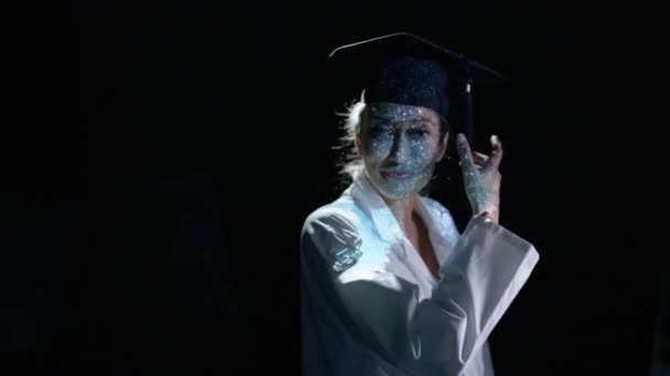 Smiling University Graduate Scene Night Sky Projected Her — Stock Video