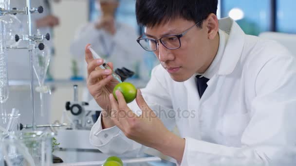 Pesquisadores Ciência Alimentar Trabalhando Laboratório Homem Injetando Produtos Químicos Cal — Vídeo de Stock