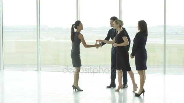 Business Team Viewing Empty Commercial Property Shaking Hands Agents — Stock Video