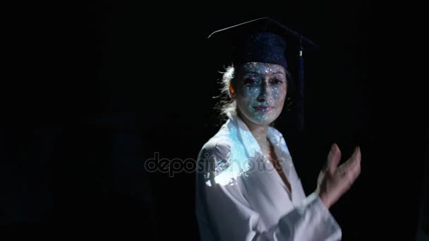 Smiling University Graduate Scene Night Sky Projected Her — Stock Video