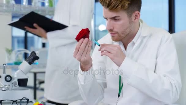 Ricercatore Maschio Che Inietta Rose Laboratorio Pesticidi Industria Cosmetica — Video Stock