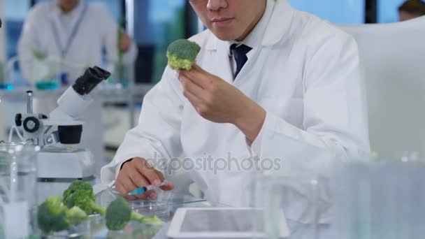 Investigadores Ciencias Alimentarias Laboratorio Hombre Inyectando Productos Químicos Broccolli — Vídeos de Stock