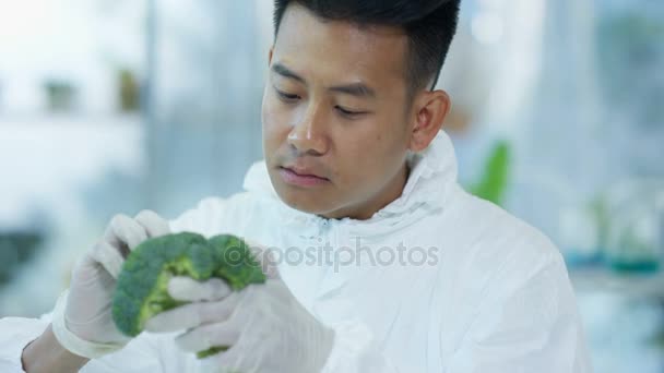 Food Science Onderzoeker Werken Het Lab Injecteren Van Chemicaliën Broccoli — Stockvideo