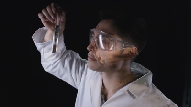 Scientist Looking Chemical Scenes War Projected His Face — Stock Video