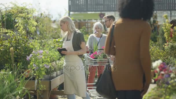 4K Customers shopping in plant nursery and friendly worker with tablet computer