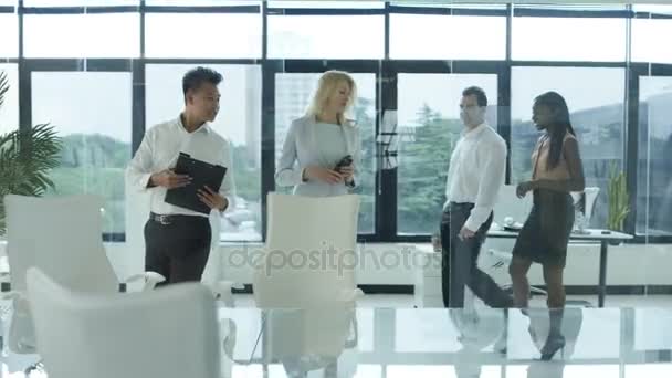 Business Group Walking Boardroom Meeting Modern Glass Office — Stock Video
