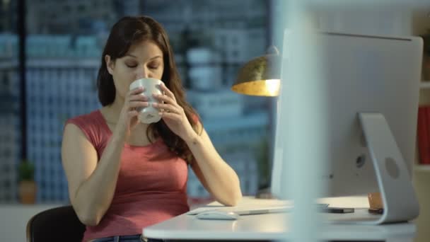 Pensive Woman Working Computer Drinking Coffee City Apartment — Stock Video