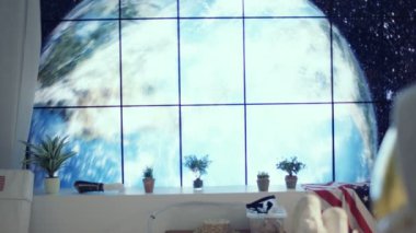 4k planet Earth manzaraya bakarak dairede rahatlatıcı astronot