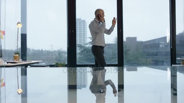 Empresário Telefone Moda Escritório Moderno Vidro Com Grandes Janelas — Vídeo de Stock