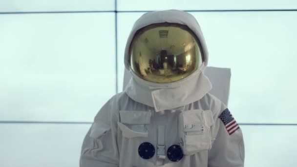 Portrait American Astronaut Standing Front Space Station Window — Stock Video