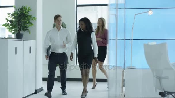 Business Group Walking Boardroom Meeting Modern Glass Office — Stock Video