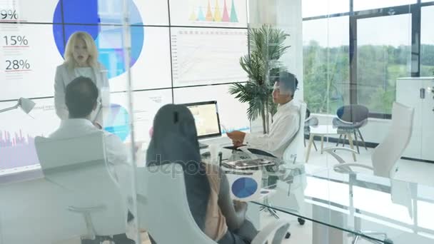 Businesswoman Meeting Colleagues Modern Glass Office — Stock Video