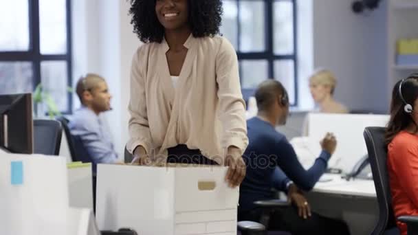 Happy Businesswoman Quitting Her Job Packing Her Belongings Box — Stock Video