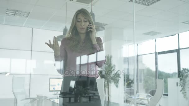 Retrato Mulher Negócios Falando Telefone Trabalhando Sua Mesa — Vídeo de Stock