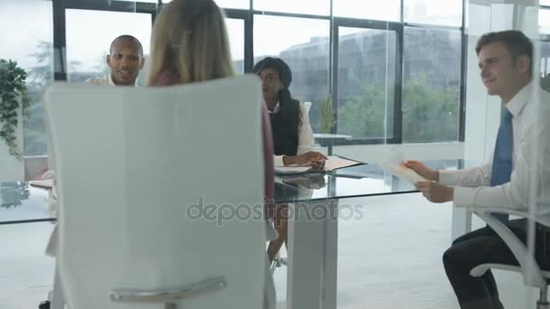 Business Group Boardroom Meeting Modern Glass Office — Stock Video