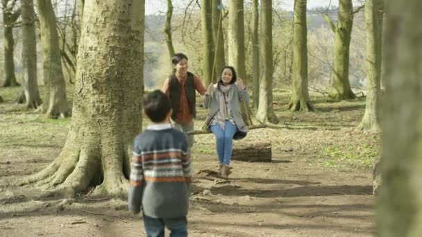 Família Asiática Feliz Passar Tempo Livre Jogando Balanço Floresta — Vídeo de Stock