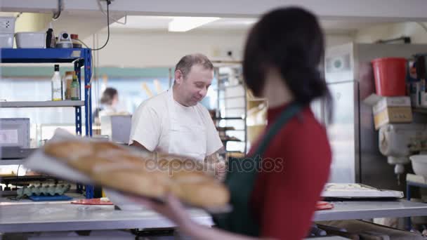 Portrait Smiling Worker Bakery Shop Holding Tray Pastries — Stock Video