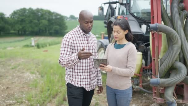 Portrait Farming Couple Standing Next Tractor Computer Tablet — Stock Video