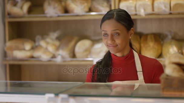 Customer Bakery Shop Being Served Counter Happy Worker — Stock Video