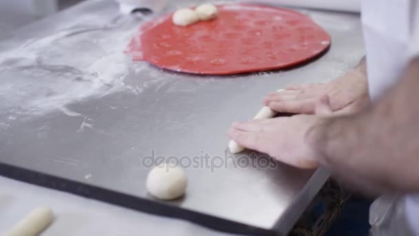 Close Hands Man Rolling Out Balls Dough Bakery Shop — Stock Video