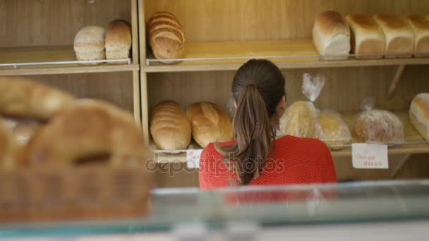 Portrait Smiling Worker Bakery Shop Serving Counter — Stock Video
