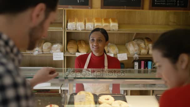 Couple Bakery Shop Being Served Counter — Stock Video