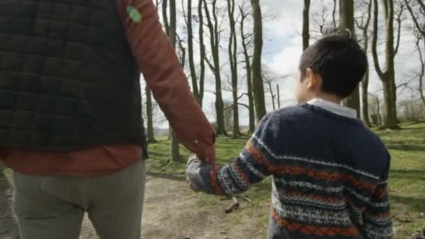 快乐的亚洲父亲和儿子在阳光明媚的日子在树林里散步 — 图库视频影像