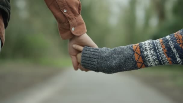 Buon Padre Figlio All Aperto Tenendosi Mano Passeggiando Campagna — Video Stock