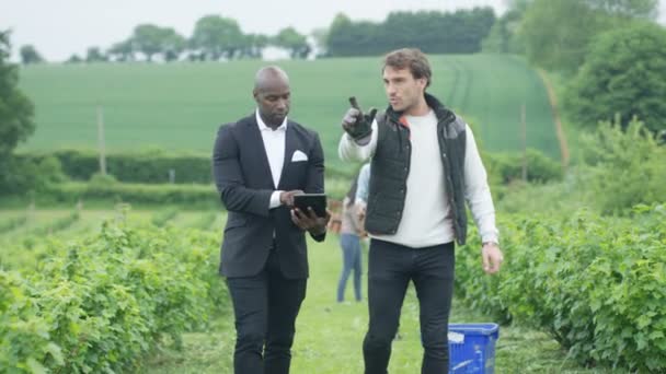 Geschäftsmann Und Landwirt Auf Dem Feld Verhandlungen Und Händeschütteln Bei — Stockvideo