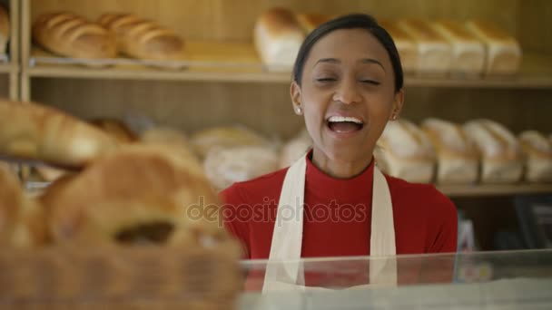 Friendly Worker Bakery Shop Serving Customer Counter — Stock Video