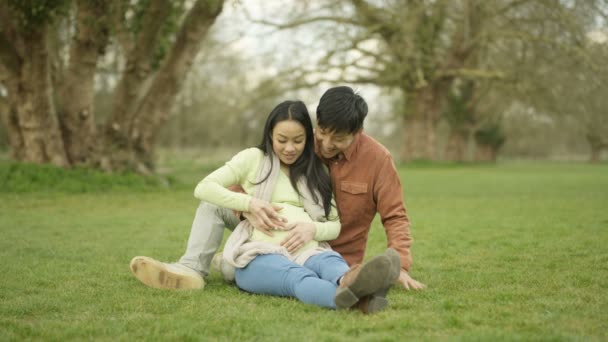 Portrait Smiling Asian Couple Expecting Baby Relaxing Park — Stock Video