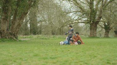 4k portre kırsal kesimde piknik futbol topu ile mutlu küçük çocuk