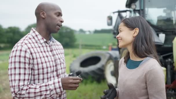 Portrait Smiling Farming Couple Standing Next Tractor — Stock Video
