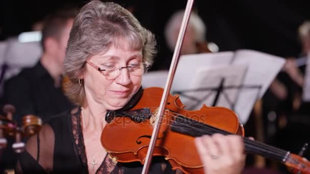 Orquestra Sinfônica Durante Uma Apresentação Com Foco Violinista — Vídeo de Stock