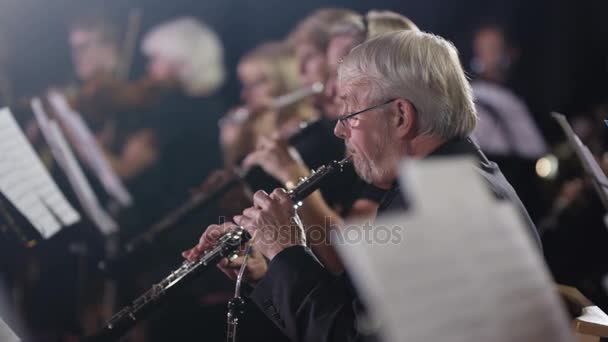 Orquesta Sinfónica Durante Una Actuación Con Enfoque Oboísta — Vídeo de stock