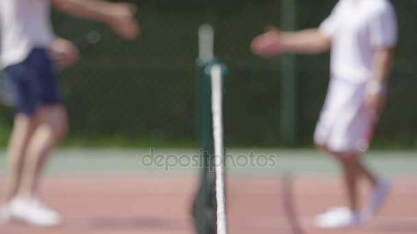 Unrecognizable Tennis Players Shake Hands Net End Match — Stock Video