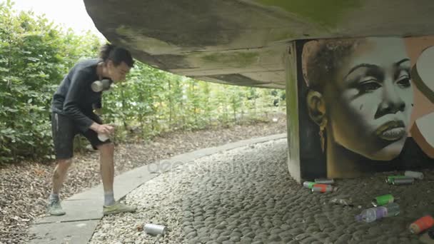 Joven Artista Graffiti Talentoso Trabajando Mural Área Urbana — Vídeos de Stock