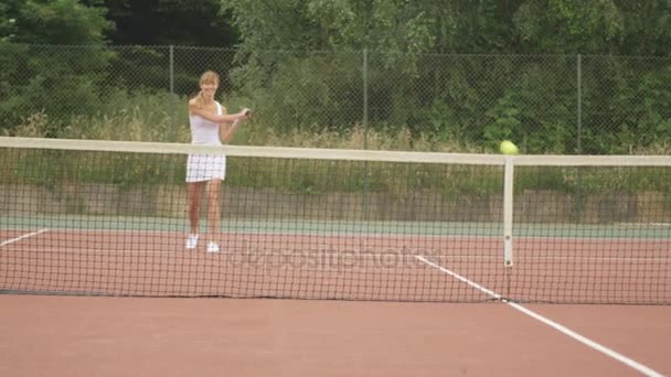 Male Female Tennis Players Enjoying Game Outdoor Court Summer — Stock Video