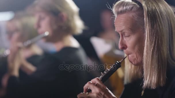 Orchestra Durante Una Performance Focus Sull Oboista Con Violinisti Primo — Video Stock