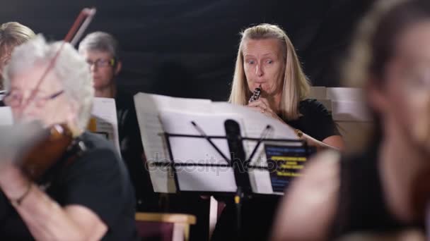 Orchester Während Eines Auftritts Schwerpunkt Oboist Mit Geigern Vordergrund — Stockvideo