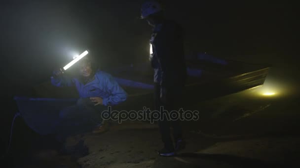 Geologists Exploring Underground Cave Looking Rock Formation Water Pool — Stock Video