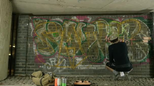 Időközű Graffiti Művész Segítségével Különböző Fájdalmak Írni Címke Fal — Stock videók